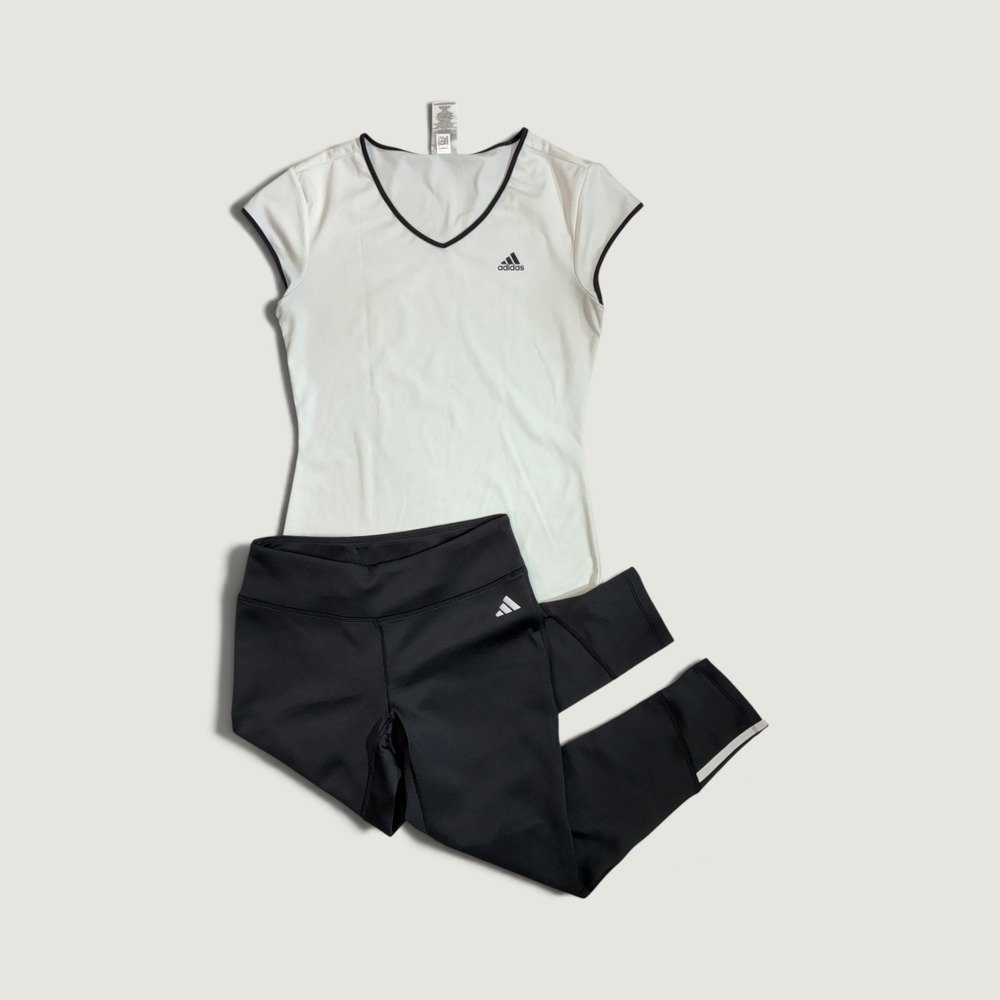 Adidas bundle Activewear Set Women M White Black V-Neck Top Cropped Leggings